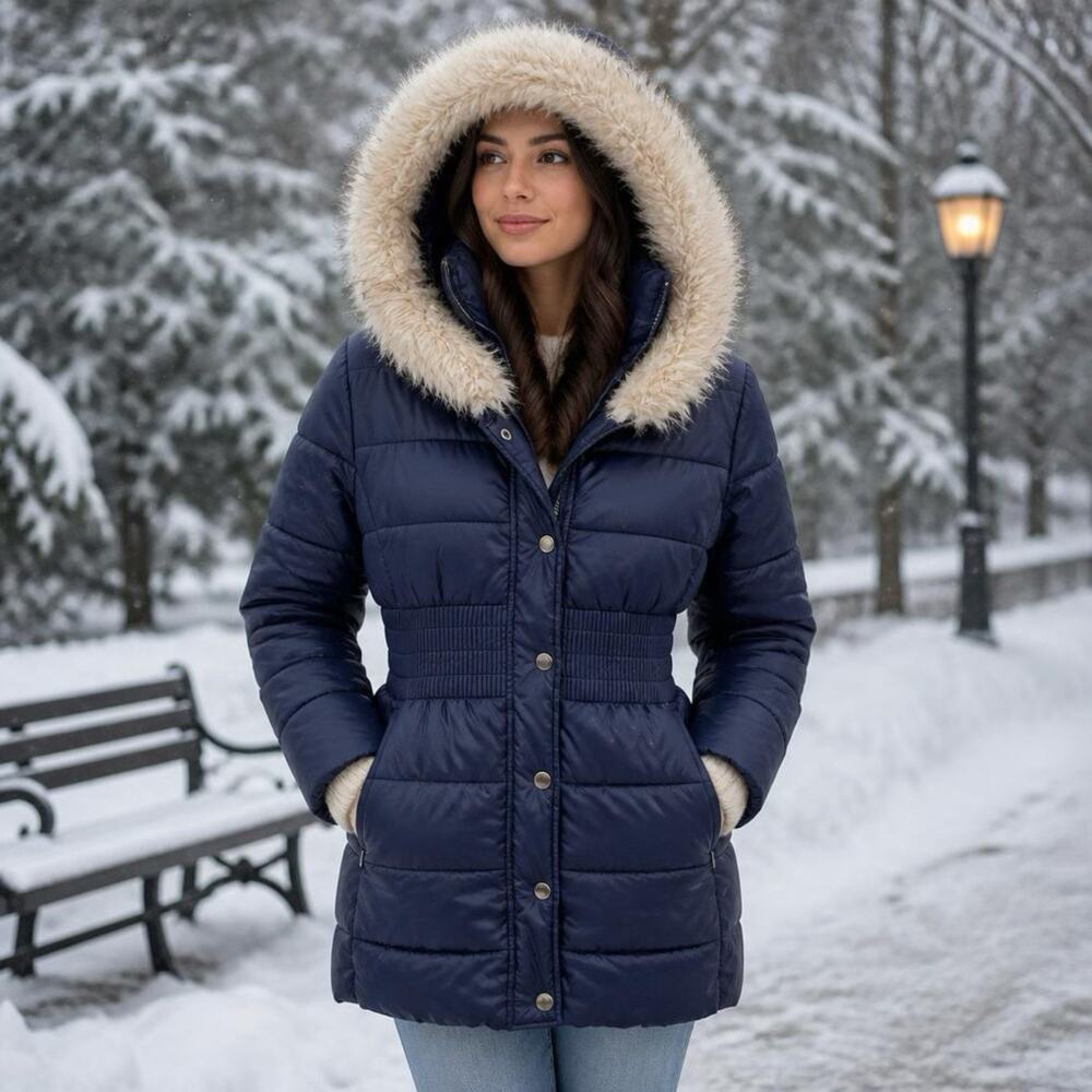 Women M Winter Outdoor Skiing Coat Nylon Blue Faux Fur Trim Hooded Zip Snap